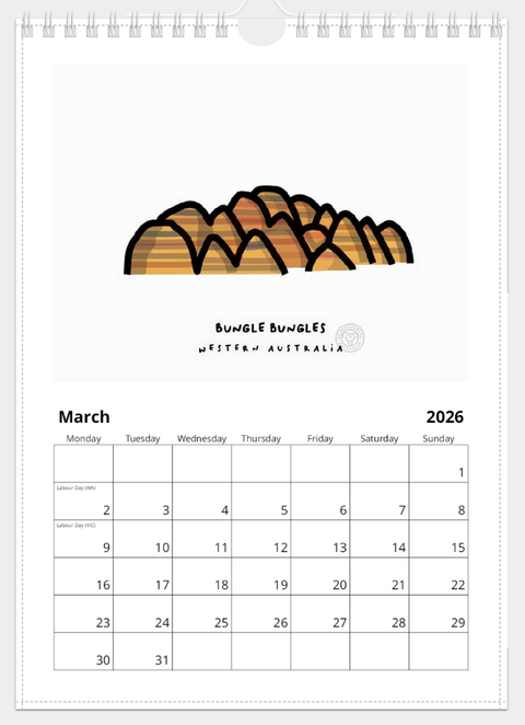 Calendar with a bold, minimalist illustration of 'Bungle Bungle' rocks in Western Australia