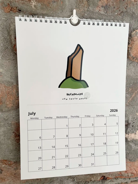 Calendar for July 2026 with a minimal and bold style illustration of the Breadknife singular stone formation in New South Wales.