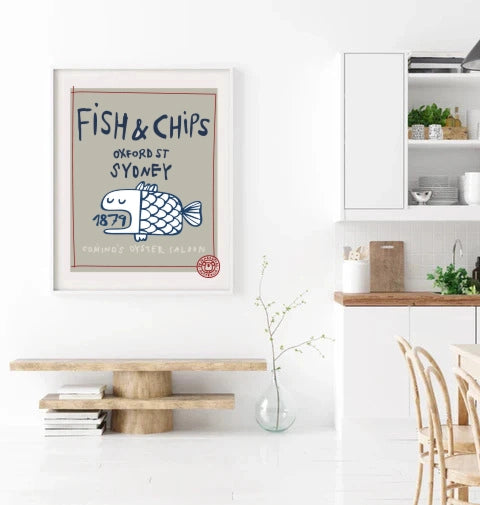 Art print framed on a living room wall featuring a poster about first Fish & Chips in Sydney, Australia