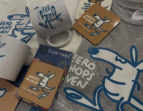 T-shirts, tote bags, coasters and mugs from the new Australian gift collection "Zero hops given"