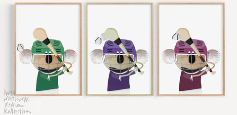 Three Art prints featuring koalas playing hurling wearing different shirt colors 