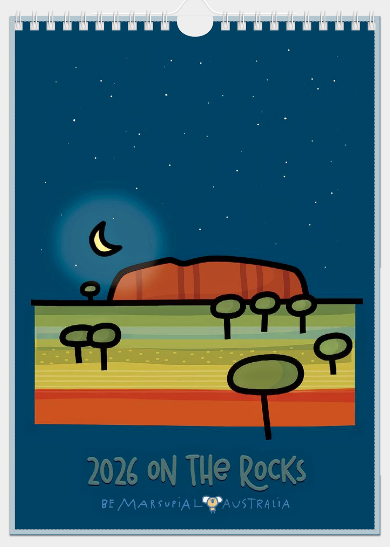 Calendar cover with illustration of Uluru rock formation and trees under a starry night sky, featuring the text '2026 On The Rocks' and 'Be Natural Australia'.