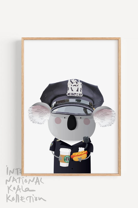 framed print with an illustration of a Koala wearing the New York City Police black uniform, eating a hot dog and having a take away coffee