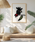 souvenir print framed featuring a red tailed black cockatoo on a gum tree branch in bold style