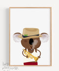 Art Print souvenir featuring a cuban koala smoking a Cuban cigar and holding a trumpet