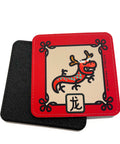 Coaster with illustration of a cute Dragon with a red border and its name in Chinesen