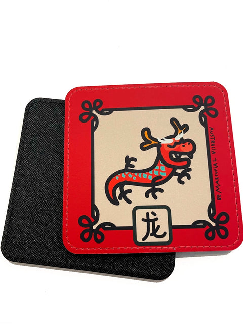 Coaster with illustration of a cute Dragon with a red border and its name in Chinesen
