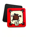 Coaster with illustration of the Horse Chinese Zodiac sign with a red border and the name in Chinese