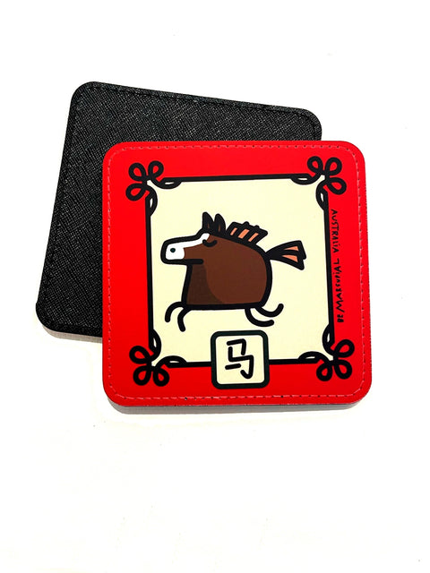 Coaster with illustration of the Horse Chinese Zodiac sign with a red border and the name in Chinese