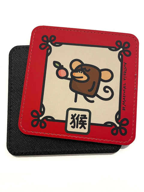Coaster with illustration of the  Monkey Chinese Zodiac sign with a red border and its name in Chinese