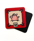 Coaster with a cartoon pig from the Chinese Zodiac and Chinese character meaning "pig" on a red border