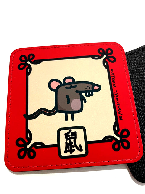 Coaster with illustration of the Rat Chinese Zodiac sign with a red border and its name in Chinese