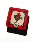 Coaster with illustration of the  Roaster Chinese Zodiac sign with a red border and its name in Chinese