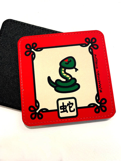 Coaster with illustration of the  Snake Chinese Zodiac sign with a red border and its name in Chinese