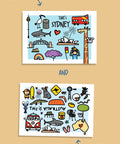 two postcards with Sydney and Australia icons. Zoo, shark, koala, Opera House ,Uluru, Bondi Rescue