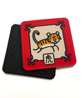 Coaster made of leatherette featuring a Chinese Zodiac character of tiger and red border with the Chinese character meaning "tiger"
